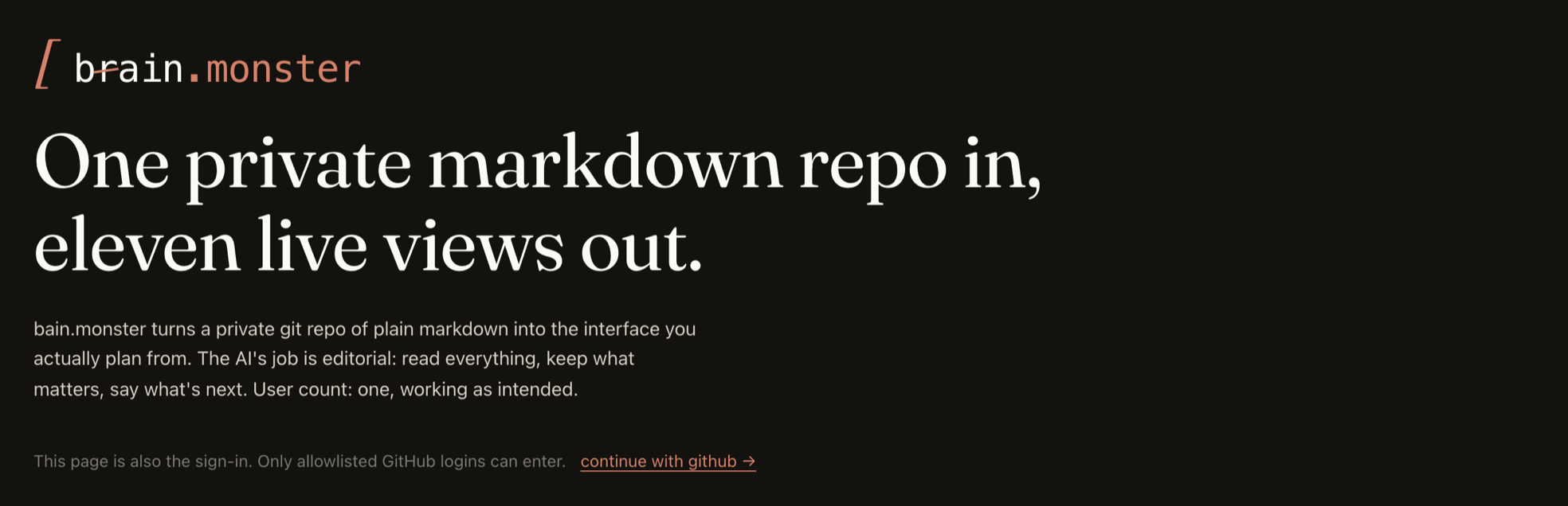 The top of the public sign-in page at bain.monster: the wordmark with the r struck out in red, the headline One private markdown repo in, eleven live views out, and the line saying this page is also the sign-in.
