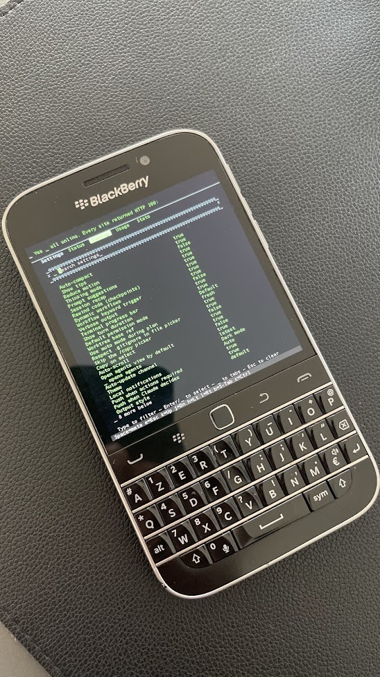 A BlackBerry Classic Q20 on black leather, its square screen filled with green Term49 terminal text.