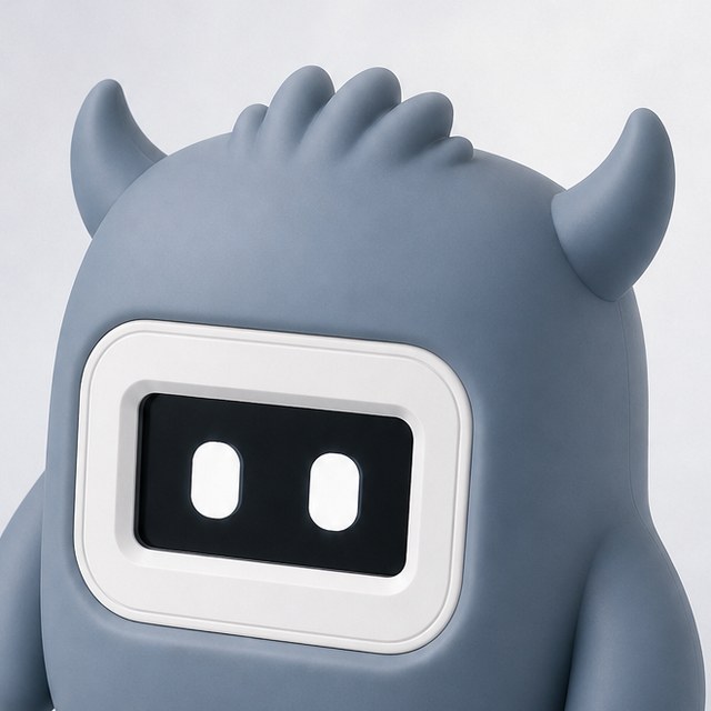 Blip: a soft blue-grey creature with two horns and a white-bezelled black screen showing two rounded white eyes.