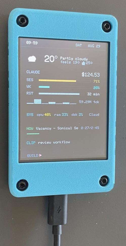 The blue CYD mounted portrait, build screen up: 09:59 on Saturday Aug 29, 20 degrees partly cloudy, CLAUDE at $124.53 with session, weekly and reset bars, a token histogram, system numbers, now playing and clipboard lines.