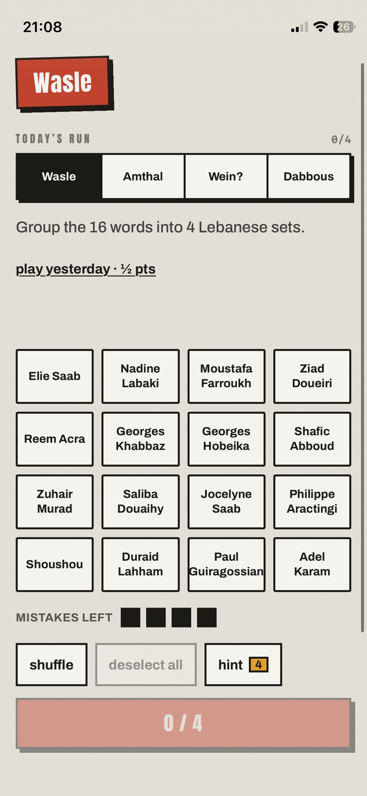 Wasle on a phone: sixteen Lebanese names on limestone tiles, four mistakes allowed, the brick-red Wasle sign on top.