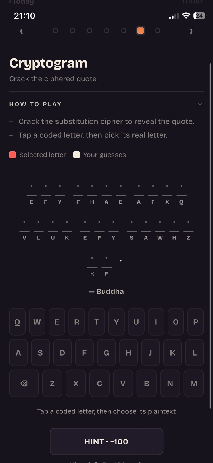 The cryptogram mid-solve on a phone, a ciphered quote attributed to Buddha, with the hint button reading minus one hundred.