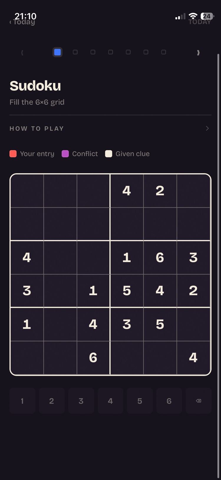 The 6x6 sudoku mid-solve on a phone, entries and conflicts color-coded.