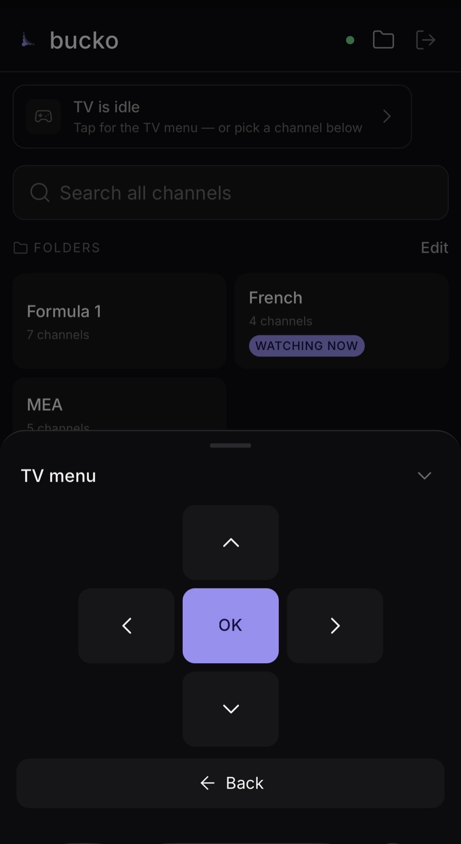 The remote's TV menu sheet: a D-pad with an oversized OK button and a Back row.